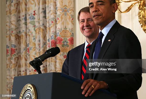 President Barack Obama makes a personnel announcement as Director of the United States Consumer Financial Protection Bureau Richard Cordray looks on...