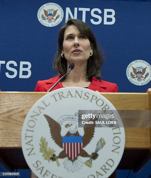 National Transportation Safety Board Chairman Deborah A.P. Hersman addresses a during a press conference at NTSB Headquarters in Washington, DC, on...