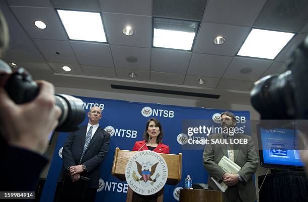 National Transportation Safety Board Chairman Deborah A.P. Hersman addresses a during a press conference at NTSB Headquarters in Washington, DC, on...