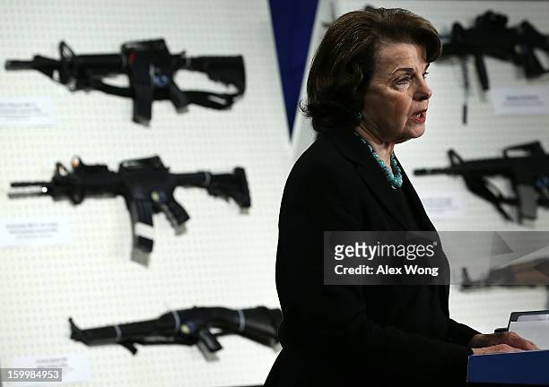 Senator Dianne Feinstein speaks next to a display of assault weapons during a news conference January 24, 2013 on Capitol Hill in Washington, DC....