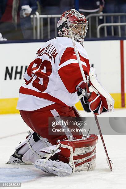 Tom McCollum of the Detroit Red Wings warms up prior to the start of the game against the Columbus Blue Jackets on January 21, 2013 at Nationwide...