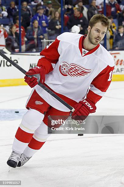 Ian White of the Detroit Red Wings warms up prior to the start of the game against the Columbus Blue Jackets on January 21, 2013 at Nationwide Arena...