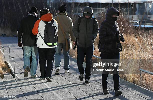 People bundled up against the cold walk through the High Line park in Manhattan on January 24, 2013 in New York City. Polar air settled in over the...