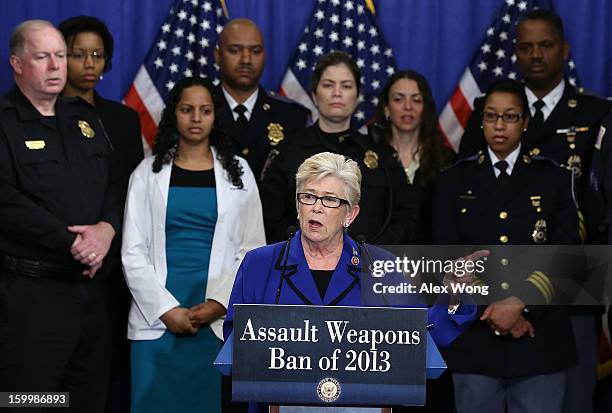 Representative Carolyn McCarthy speaks on assault weapons during a news conference January 24, 2013 on Capitol Hill in Washington, DC. U.S. Senator...