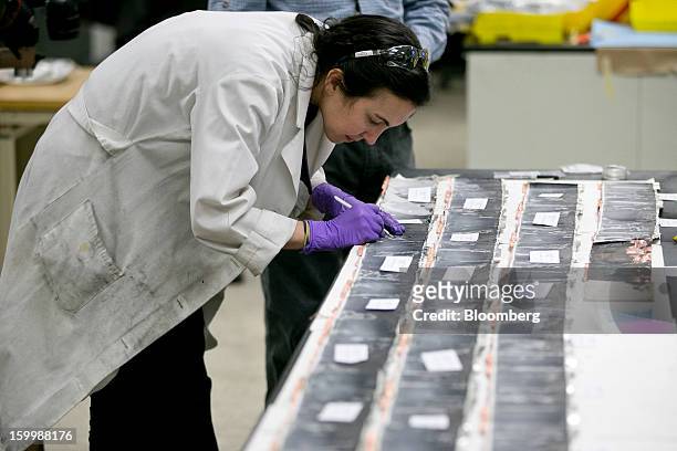 Woman examines a battery electrode from a Japan Airlines Co. Boeing Co. 787 Dreamliner at the National Transportation Safety Board materials...