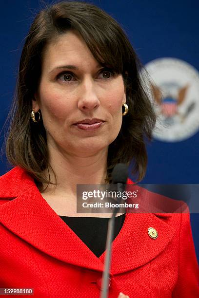 Deborah Hersman, chairman of the National Transportation Safety Board , speaks during a news conference in Washington, D.C., U.S., on Thursday, Jan....