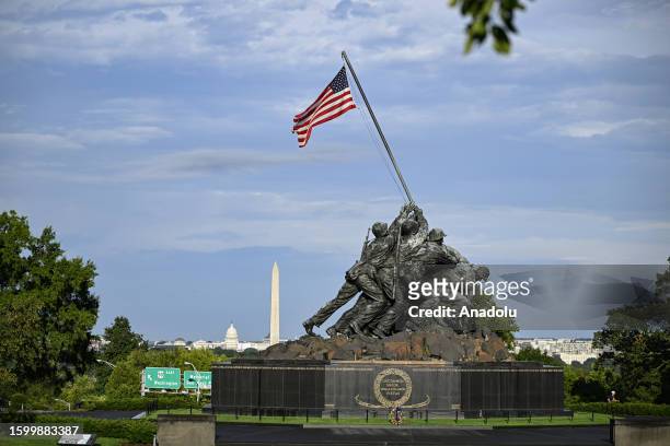 View of US Marine Corps War Memorial in Washington D.C, United States on August 14, 2023. Severe storm and flood warnings have been issued for parts...