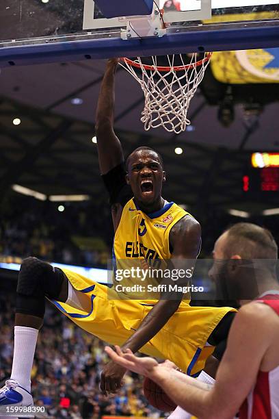 Shawn James, #5 of Maccabi Electra Tel Aviv in action during the 2012-2013 Turkish Airlines Euroleague Top 16 Date 5 between Maccabi Electra Tel Aviv...