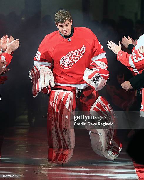 Tom McCollum of the Detroit Red Wings is introduced in pre-game ceramonies before an NHL game against the Dallas Stars at Joe Louis Arena on January...