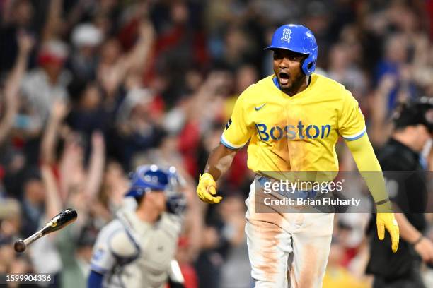 Pablo Reyes of the Boston Red Sox reacts after hitting a walk-off grand slam in the ninth inning against the Kansas City Royals at Fenway Park on...