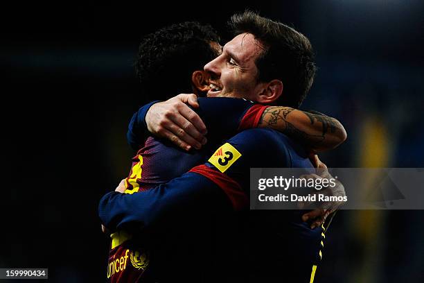 Lionel Messi of FC Barcelona celebrates with his teammate Dani Alves of FC Barcelona after scoring his team's fourth goalduring the Copa del Rey...