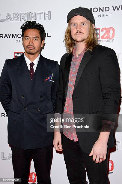 Dougy Mandagi and Jonathon Aherne of Temper Trap attends the Raymond Weil pre-Brit Awards dinner and 20th anniversary celebration of War Child at The...