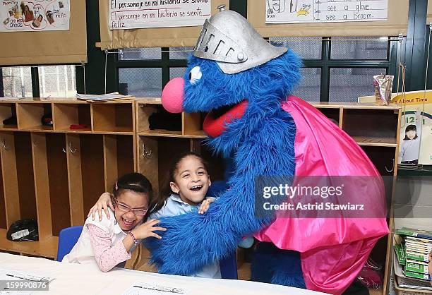 Sesame Street Live's Super Grover teach children from WHEDCo how to be super heroes on January 24, 2013 in New York City.