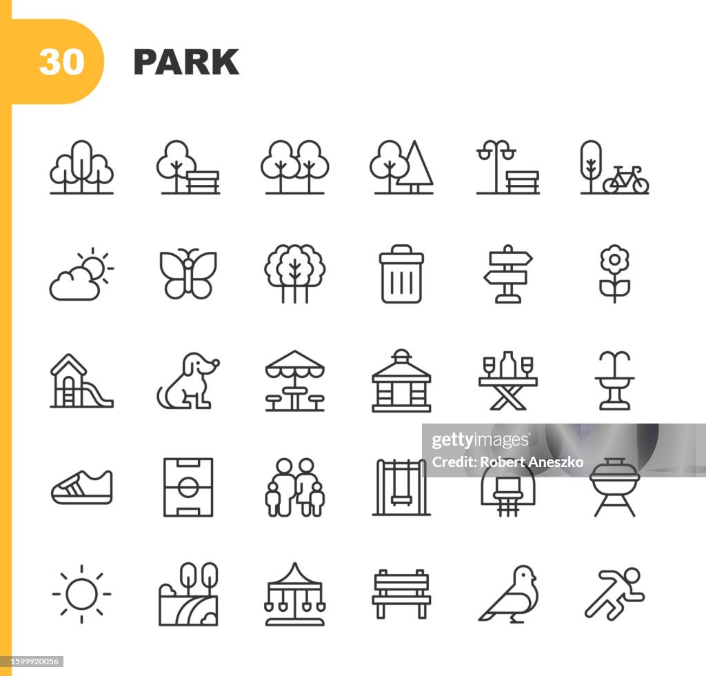 Parkliniensymbole. Bearbeitbarer Strich. Enthält solche Symbole wie Karussell, Hund, Familie, Fitness, Brunnen, Freundschaft, Gras, gesunder Lebensstil, Landschaft, Natur, Pflanze, Spielplatz, Sport, Frühling, Sonne, Schaukel, Baum, Wandern