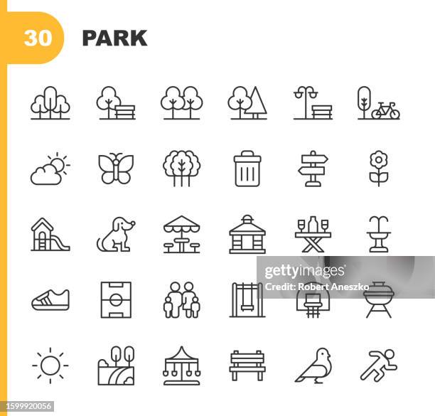 stockillustraties, clipart, cartoons en iconen met park line icons. editable stroke. contains such icons as carousel, dog, family, fitness, fountain, friendship, grass, healthy lifestyle, landscape, nature, plant, playground, sport, spring, sun, swing, tree, walking - fountain