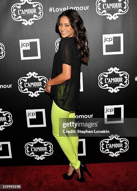 Actress Shay Mitchell attends the L'Amour by Nanette Lepore for JCPenney launch party at Good Units at Hudson Hotel on January 24, 2013 in New York...