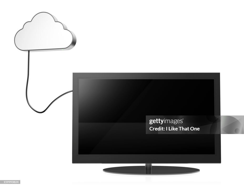 Cloud shaped computer hard drive connected to a TV