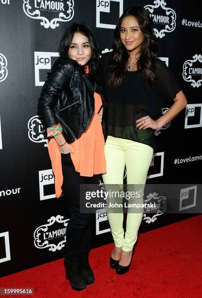 Vanessa Hudgens and Shay Mitchell attend JCPenney and Nanette Lepore Launch Event for L'Amour by Nanette Lepore at Good Units on January 24, 2013 in...