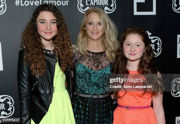 Violet Lepore, Nanette Lepore and Emma Kenney attend JCPenney and Nanette Lepore Launch Event for L'Amour by Nanette Lepore at Good Units on January...
