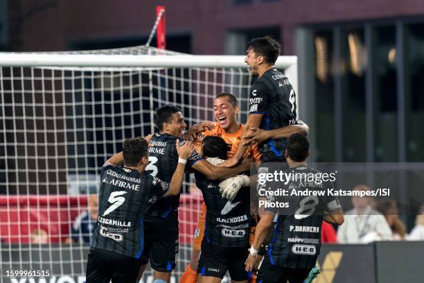 Fernando Tapia of Queretaro celebrates a penalty shootout victory during Leagues Cup 2023 Round of 16 game between Queretaro and New England...