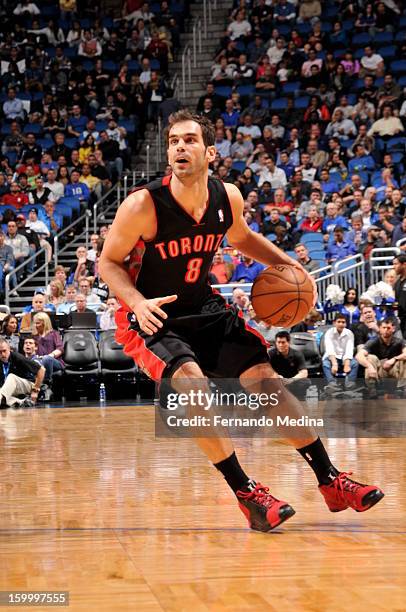 Jose Calderon of the Toronto Raptors looks up at the basket against the Orlando Magic during the game on January 24, 2013 at Amway Center in Orlando,...