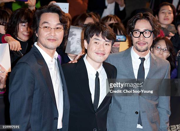 Han Suk-Kyu, director Ryoo Seung-Wan and Ryoo Seung-Bum attend the 'The Berlin File' Red Carpet & Vip Press Screening at Times Square on January 23,...