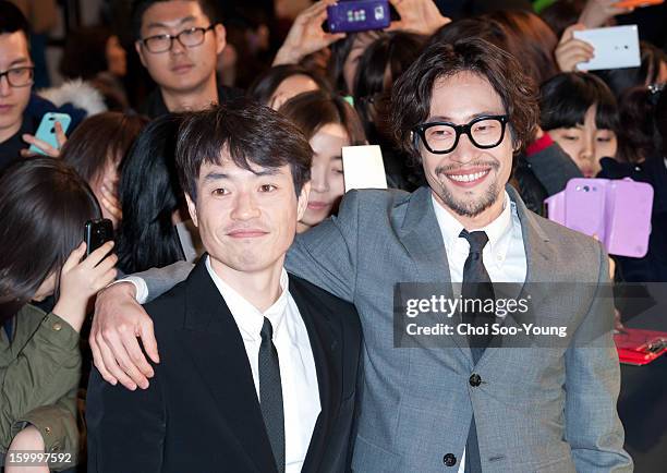 Director Ryoo Seung-Wan and Ryoo Seung-Bum attend the 'The Berlin File' Red Carpet & Vip Press Screening at Times Square on January 23, 2013 in...