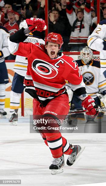 Eric Staal of the Carolina Hurricanes reacts to scoring his second goal againts the Buffalo Sabres during their NHL game at PNC Arena on January 24,...