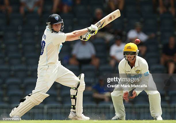 Steve Smith of the Blues bats during day two of the Sheffield Shield match between the New South Wales Blues and the Western Australia Warriors at...