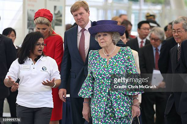 Princess Maxima, Prince Willem-Alexander and Queen Beatrix of the Netherlands tour the Van Kleef Centre, which houses the NUS Aquatic Science centre...