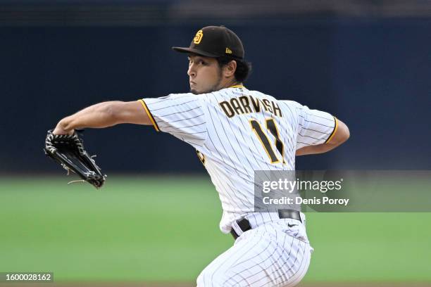 Yu Darvish of the San Diego Padres pitches during the first inning of a baseball game against the Baltimore Orioles on August 14, 2023 at Petco Park...