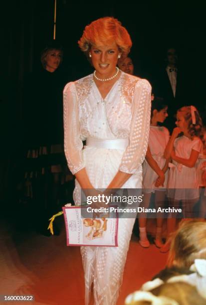 Princess Diana attending a charity gala in aid of Birthright, at the London Palladium, 24th June 1987. She is wearing a dress by Zandra Rhodes. Diana...