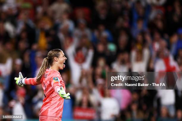 Mary Earps of England celebrates during the penalty shoot out during the FIFA Women's World Cup Australia & New Zealand 2023 Round of 16 match...