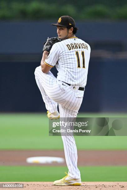 Yu Darvish of the San Diego Padres pitches during the first inning of a baseball game against the Baltimore Orioles on August 14, 2023 at Petco Park...