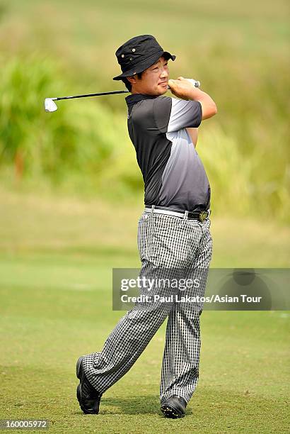 Kodai Ichihara of Japan plays a shot during round three of the Asian Tour Qualifying School Final Stage at Springfield Royal Country Club on January...