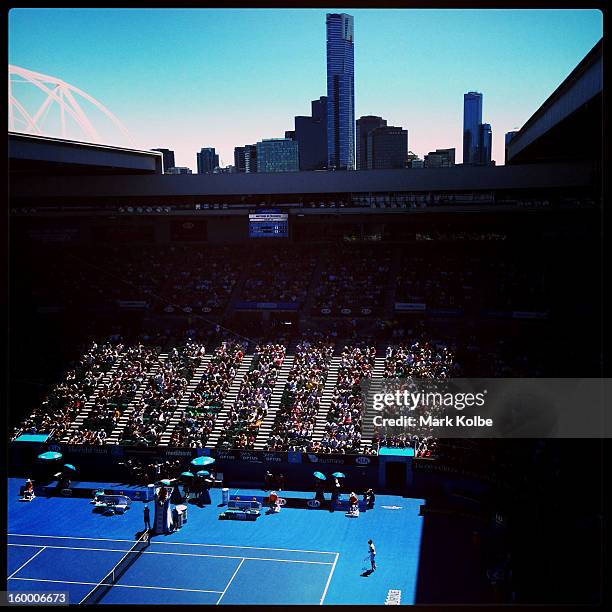 General view of the Quarterfinal match between Nicolas Almagro of Spain and David Ferrer of Spain during day nine of the 2013 Australian Open at...