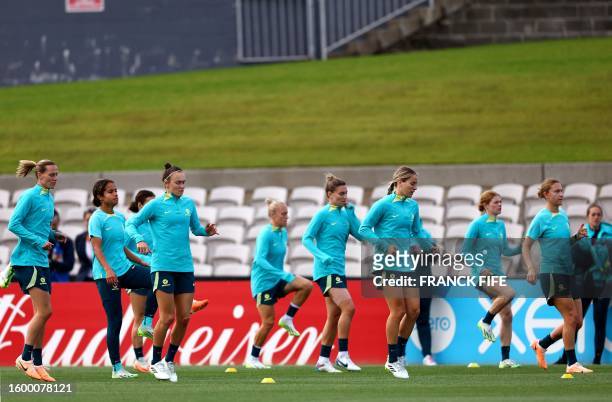 Australia's players takes part a training session at Jubilee Stadium in Sydney on August 15, 2023 on the eve of the Women's World Cup semi-final...