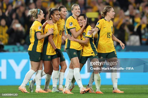Hayley Raso of Australia celebrates with teammates after scoring her team's second goal during the FIFA Women's World Cup Australia & New Zealand...