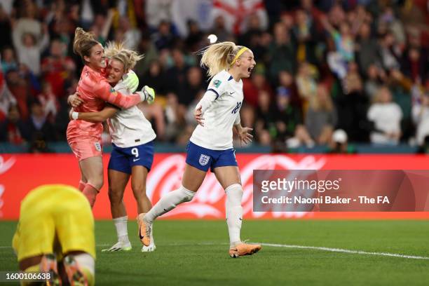 Chloe Kelly of England celebrates after scoring the winning penalty during the penalty shoot out during the FIFA Women's World Cup Australia & New...
