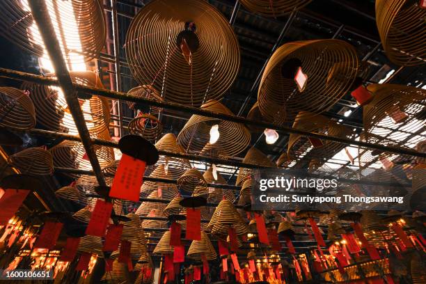 incense coils hanging on the roof at man mo temple in central district, hong kong. - sheung wan stock pictures, royalty-free photos & images