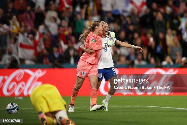 Mary Earps celebrates with Rachel Daly of England following their sides victory during the FIFA Women's World Cup Australia & New Zealand 2023 Round...