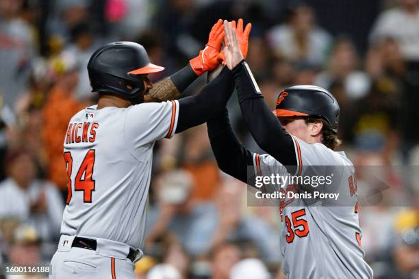 Adley Rutschman of the Baltimore Orioles is congratulated by Aaron Hicks after scoring during the fifth inning of a baseball game against the San...