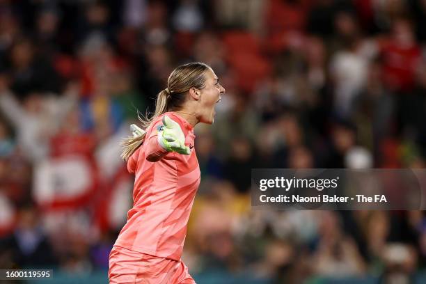 Mary Earps of England celebrates during the penalty shoot out during the FIFA Women's World Cup Australia & New Zealand 2023 Round of 16 match...