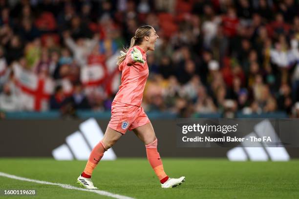 Mary Earps of England celebrates during the penalty shoot out during the FIFA Women's World Cup Australia & New Zealand 2023 Round of 16 match...