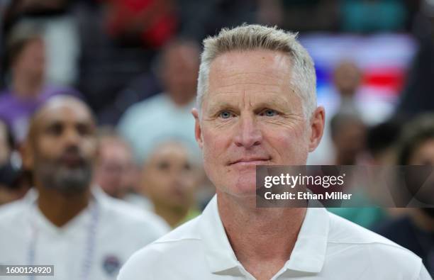 Head coach Steve Kerr of the United States stands on the court before a 2023 FIBA World Cup exhibition game against Puerto Rico at T-Mobile Arena on...