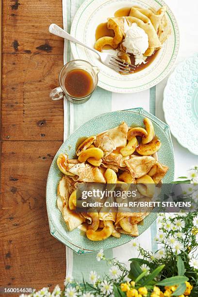 plate of toffee apple pancakes and sauce - toffee stock pictures, royalty-free photos & images