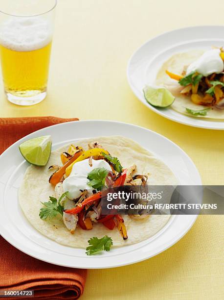 plate of chicken and peppers in tortilla - fajita photos et images de collection