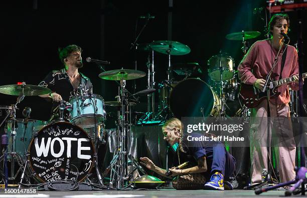 Joel Cassady, Sarah Blackwood, and Adam Michael of Walk Off the Earth perform at Skyla Credit Union Amphitheatre on August 07, 2023 in Charlotte,...