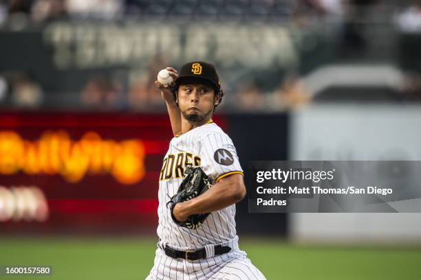 Yu Darvish of the San Diego Padres pitches in the first inning against the Baltimore Orioles on August 14, 2023 at Petco Park in San Diego,...