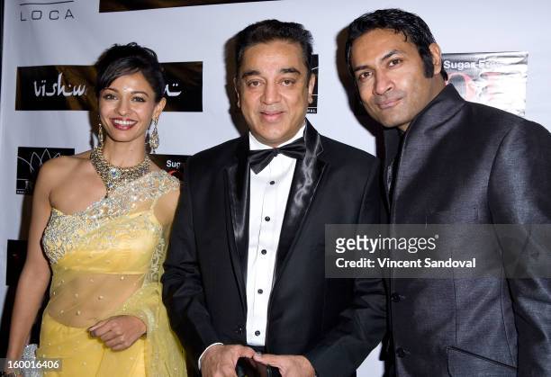 Actors Pooja Kumar, Kamal Hassan and Samrat Chakrabarti attend the premiere of "Vishwaroopam" at Pacific Theaters at the Grove on January 24, 2013 in...